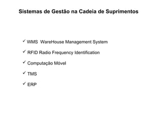 Sistemas de Gestão na Cadeia de Suprimentos
 WMS WareHouse Management System
 RFID Radio Frequency Identification
 Computação Móvel
 TMS
 ERP
 