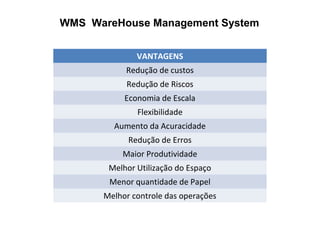 WMS WareHouse Management System
VANTAGENS
Redução de custos
Redução de Riscos
Economia de Escala
Flexibilidade
Aumento da Acuracidade
Redução de Erros
Maior Produtividade
Melhor Utilização do Espaço
Menor quantidade de Papel
Melhor controle das operações
 