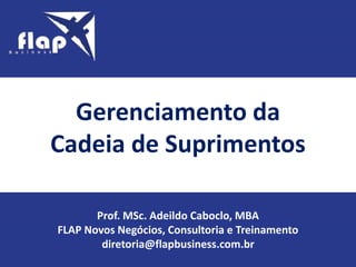 1
Gerenciamento da
Cadeia de Suprimentos
Prof. MSc. Adeildo Caboclo, MBA
FLAP Novos Negócios, Consultoria e Treinamento
diretoria@flapbusiness.com.br
 