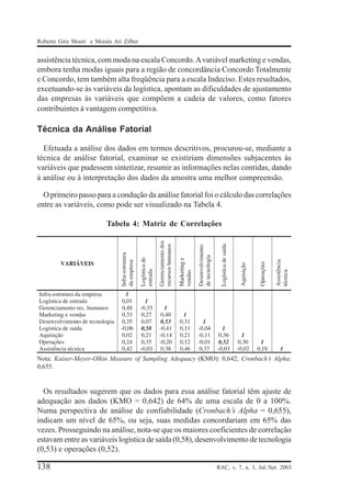 Roberto Giro Moori e Moisés Ari Zilber

assistência técnica, com moda na escala Concordo. A variável marketing e vendas,
embora tenha modas iguais para a região de concordância Concordo Totalmente
e Concordo, tem também alta freqüência para a escala Indeciso. Estes resultados,
excetuando-se às variáveis da logística, apontam as dificuldades de ajustamento
das empresas às variáveis que compõem a cadeia de valores, como fatores
contribuintes à vantagem competitiva.

Técnica da Análise Fatorial
Efetuada a análise dos dados em termos descritivos, procurou-se, mediante a
técnica de análise fatorial, examinar se existiriam dimensões subjacentes às
variáveis que pudessem sintetizar, resumir as informações nelas contidas, dando
à análise ou à interpretação dos dados da amostra uma melhor compreensão.
O primeiro passo para a condução da análise fatorial foi o cálculo das correlações
entre as variáveis, como pode ser visualizado na Tabela 4.
Tabela 4: Matriz de Correlações

Nota: Kaiser-Meyer-Olkin Measure of Sampling Adequacy (KMO): 0,642; Cronbach’s Alpha:
0,655.

Os resultados sugerem que os dados para essa análise fatorial têm ajuste de
adequação aos dados (KMO = 0,642) de 64% de uma escala de 0 a 100%.
Numa perspectiva de análise de confiabilidade (Cronbach’s Alpha = 0,655),
indicam um nível de 65%, ou seja, suas medidas concordariam em 65% das
vezes. Prosseguindo na análise, nota-se que os maiores coeficientes de correlação
estavam entre as variáveis logística de saída (0,58), desenvolvimento de tecnologia
(0,53) e operações (0,52).

138

RAC, v. 7, n. 3, Jul./Set. 2003

 