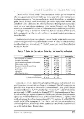 Um Estudo da Cadeia de Valores com a Utilização da Análise Fatorial

O passo final da análise fatorial foi verificar se os fatores, que são dimensões
abstratas, poderiam ser interpretados de forma coerente com a natureza dos
fenômenos estudados. Para isso, analisou-se a matriz fatorial para se identificar,
pelos fatores de carga, quais as variáveis que melhor se correlacionariam com
cada fator. Como a derivação dos fatores pela análise de componentes principais
se dá por uma sucessão de rotações de eixos, que melhor expresse a dispersão
dos dados, no modelo fatorial final as variações das medidas foram maximizadas
e as relações entre as dimensões suavizadas. Por isso deve-se preferir buscar
informações sobre as relações entre os fatores e as variáveis originais em matriz
fatorial rodada.
Há diferentes estratégias de rotação para a matriz fatorial, sendo aqui considerada
a rotação ortogonal, que buscou minimizar o número de variáveis com altas cargas
num fator (varimax normalizada). A Tabela 7 apresenta a matriz fatorial após a
rotação da matriz.
Tabela 7: Fator de Carga (com Rotação – Varimax Normalizada)

Os resultados obtidos mediante a aplicação da técnica de análise fatorial, pelo
critério varimax normalizada, conforme se observa pela Tabela 7, evidenciou, no
primeiro fator, as variáveis infra-estrutura da empresa (0,7249), gerenciamento
dos recursos humanos (0,7593), marketing e vendas (0,6917), desenvolvimento
de tecnologia (0,6945) e assistência técnica (0,7333). A natureza destas variáveis
levaria a inferir que o primeiro fator se referiria principalmente às atividades de
apoio, que podem ser denominadas de gestão da administração. O segundo fator
evidenciou as variáveis logística de entrada (0,7577), logística de saída (0,8497),
aquisição (0,5692) e operações (0,7244). Estas variáveis estariam associadas às
atividades primárias, definidas por Porter (1985), cujo fator poderia ser denominado
de gestão de logística e de operações.
RAC, v. 7, n. 3, Jul./Set. 2003

141

 