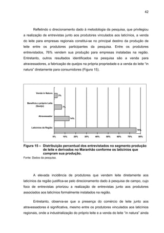 42
Refletindo o direcionamento dado à metodologia da pesquisa, que privilegiou
a realização de entrevistas junto aos produtores vinculados aos laticínios, a venda
do leite para empresas regionais constitui-se no principal destino da produção de
leite entre os produtores participantes da pesquisa. Entre os produtores
entrevistados, 76% vendem sua produção para empresas instaladas na região.
Entretanto, outros resultados identificados na pesquisa são a venda para
atravessadores, a fabricação de queijos na própria propriedade e a venda do leite “in
natura” diretamente para consumidores (Figura 15).
76%
14%
7%
3%
0% 10% 20% 30% 40% 50% 60% 70% 80%
Laticinios da Região
Atravessador
Beneficia o próprio Leite
(Queijo)
Venda in Natura
Figura 15 – Distribuição percentual dos entrevistados no segmento produção
de leite e derivados no Maranhão conforme os laticínios que
compram sua produção.
Fonte: Dados da pesquisa.
A elevada incidência de produtores que vendem leite diretamente aos
laticínios da região justifica-se pelo direcionamento dado à pesquisa de campo, cujo
foco de entrevistas priorizou a realização de entrevistas junto aos produtores
associados aos laticínios formalmente instalados na região.
Entretanto, observa-se que a presença do comércio de leite junto aos
atravessadores é significativa, mesmo entre os produtores vinculados aos laticínios
regionais, onde a industrialização do próprio leite e a venda do leite “in natura” ainda
 