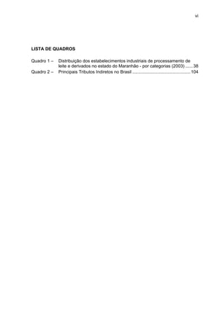 vi
LISTA DE QUADROS
Quadro 1 – Distribuição dos estabelecimentos industriais de processamento de
leite e derivados no estado do Maranhão - por categorias (2003) ......38
Quadro 2 – Principais Tributos Indiretos no Brasil ...............................................104
 