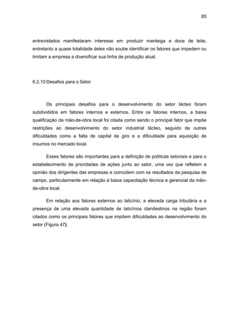 85
entrevistados manifestaram interesse em produzir manteiga e doce de leite,
entretanto a quase totalidade deles não soube identificar os fatores que impedem ou
limitam a empresa a diversificar sua linha de produção atual.
6.2.10 Desafios para o Setor
Os principais desafios para o desenvolvimento do setor lácteo foram
subdivididos em fatores internos e externos. Entre os fatores internos, a baixa
qualificação da mão-de-obra local foi citada como sendo o principal fator que impõe
restrições ao desenvolvimento do setor industrial lácteo, seguido de outras
dificuldades como a falta de capital de giro e a dificuldade para aquisição de
insumos no mercado local.
Esses fatores são importantes para a definição de políticas setoriais e para o
estabelecimento de prioridades de ações junto ao setor, uma vez que refletem a
opinião dos dirigentes das empresas e coincidem com os resultados da pesquisa de
campo, particularmente em relação à baixa capacitação técnica e gerencial da mão-
de-obra local.
Em relação aos fatores externos ao laticínio, a elevada carga tributária e a
presença de uma elevada quantidade de laticínios clandestinos na região foram
citados como os principais fatores que impõem dificuldades ao desenvolvimento do
setor (Figura 47).
 