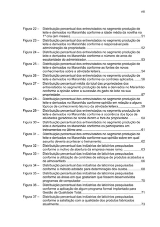 viii
Figura 22 – Distribuição percentual dos entrevistados no segmento produção de
leite e derivados no Maranhão conforme a idade média da novilha na
1ª cria (em meses). .............................................................................51
Figura 23 – Distribuição percentual dos entrevistados no segmento produção de
leite e derivados no Maranhão conforme o responsável pela
administração da propriedade.............................................................52
Figura 24 – Distribuição percentual dos entrevistados no segmento produção de
leite e derivados no Maranhão conforme o número de anos de
escolaridade do administrador. ...........................................................53
Figura 25 – Distribuição percentual dos entrevistados no segmento produção de
leite e derivados no Maranhão conforme as fontes de novos
conhecimentos sobre a atividade leiteira.............................................54
Figura 26 – Distribuição percentual dos entrevistados no segmento produção de
leite e derivados no Maranhão conforme os controles aplicados........56
Figura 27 – Distribuição percentual média do total das propriedades dos
entrevistados no segmento produção de leite e derivados no Maranhão
conforme a opinião sobre a sucessão do gado de leite na sua
propriedade. ........................................................................................57
Figura 28 – Distribuição percentual dos entrevistados no segmento produção de
leite e derivados no Maranhão conforme opinião em relação a alguns
tópicos de conhecimento técnico da atividade leiteira.........................59
Figura 29 – Distribuição percentual dos entrevistados no segmento produção de
leite e derivados no Maranhão conforme a ocorrência dos tipos de
atividades geradoras de renda dentro e fora da propriedade..............60
Figura 30 – Distribuição percentual dos entrevistados no segmento produção de
leite e derivados no Maranhão conforme os participantes em
treinamentos no último ano. ................................................................61
Figura 31 – Distribuição percentual dos entrevistados no segmento produção de
leite e derivados no Maranhão conforme sua opinião sobre em qual
assunto deveria acontecer o treinamento............................................62
Figura 32 – Distribuição percentual das indústrias de laticínios pesquisadas
conforme o motivo de abertura da empresa nesse ramo. ...................63
Figura 33 – Distribuição percentual das indústrias de laticínios pesquisadas
conforme a utilização de controles de estoque de produtos acabados e
de almoxarifado...................................................................................66
Figura 34 – Distribuição percentual das indústrias de laticínios pesquisadas
conforme o método adotado para determinação dos custos...............68
Figura 35 – Distribuição percentual das indústrias de laticínios pesquisadas
conforme as áreas em que gostariam que fossem desenvolvidos
programas de computador. .................................................................70
Figura 36 – Distribuição percentual das indústrias de laticínios pesquisadas
conforme a aplicação de algum programa formal implantado para
Gestão de Qualidade Total..................................................................71
Figura 37 – Distribuição percentual das indústrias de laticínios pesquisadas
conforme a satisfação com a qualidade dos produtos fabricados
atualmente...........................................................................................73
 