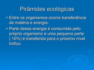 Pirâmides ecológicas Entre os organismos ocorre transferência de matéria e energia. Parte dessa energia é consumida pelo próprio organismo e uma pequena parte ( 10%) é transferida para o próximo nível trófico. 
