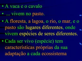 A vaca e o cavalo ... vivem no pasto.A floresta, a lagoa, o rio, o mar, e o pasto são lugares diferentes, onde vivem espéciesde seres diferentes.Cada ser vivo (espécie) tem características próprias da sua adaptação a cada ecossistema