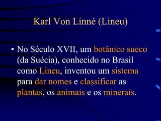 Karl Von Linné (Lineu)No Século XVII, um botânico sueco (da Suécia), conhecido no Brasil como Lineu, inventou um sistema para dar nomes e classificar as plantas, os animais e os minerais.   