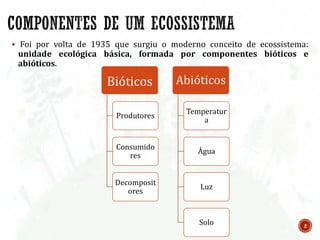  Foi por volta de 1935 que surgiu o moderno conceito de ecossistema:
unidade ecológica básica, formada por componentes bióticos e
abióticos.
Bióticos
Produtores
Consumido
res
Decomposit
ores
Abióticos
Temperatur
a
Água
Luz
Solo 2
 