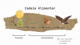 Cadeia Alimentar
Produtor
Grama Lagarta Esquilo
Consumidores
Águia
Sol
A seta representa
a transferência
de energia
 