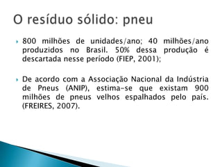 800 milhões de unidades/ano; 40 milhões/ano produzidos no Brasil. 50% dessa produção é descartada nesse período (FIEP, 2001);De acordo com a Associação Nacional da Indústria de Pneus (ANIP), estima-se que existam 900 milhões de pneus velhos espalhados pelo país. (FREIRES, 2007).O resíduo sólido: pneu