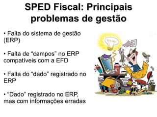 SPED Fiscal: Principais
        problemas de gestão
• Falta do sistema de gestão
(ERP)

• Falta de‫“‏‬campos”‫‏‬no‫‏‬ERP‫‏‬
compatíveis com a EFD

• Falta do‫“‏‬dado”‫‏‬registrado no
ERP

• “Dado”‫‏‬registrado no ERP,
mas com informações erradas
 