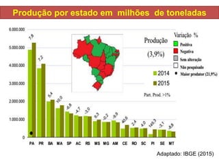 Adaptado: IBGE (2015)
Produção por estado em milhões de toneladas
 