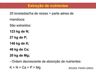 25 toneladas/ha de raízes + parte aérea de
mandioca:
São extraídos:
123 kg de N;
27 kg de P;
146 kg de K;
46 kg de Ca;
20 kg de Mg;
- Ordem decrescente de absorção de nutrientes:
K > N > Ca > P > Mg
Extração de nutrientes
SOUZA; FIAHO (2003)
 