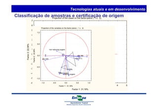 Classificação de amostras e certificação de origem 
Projection of the cases on the factor-plane ( 1 x 2) 
Factor 2: 22,08% Projection of the variables on the factor-plane ( 1 x 2) 
9 10 
1 
11 
non reducing sugars 
a b L 
2 
2 
2 
3 
3 
3 
4 4 
4 
5 
5 
5 
6 
6 
6 
7 
7 
7 
8 8 8 
9 9 
1010 
total sugars 
vitamin C 
1,0 
0,5 
0,0 
-0,5 
-5 -4 -3 -2 -1 0 1 2 3 4 5 
Factor 1: 31,18% 
7 
6 
5 
4 
3 
2 
1 
0 
-1 
-2 
-3 
-4 
-5 
-6 
Acidity 
pH 
brix 
abs 280 
abs 420 
reducing sugars 
-1,0 -0,5 0,0 0,5 1,0 
Factor 1 : 31,18% 
-1,0 
Factor 2 : 22,08% 
Tecnologias atuais e em desenvolvimento 
 
