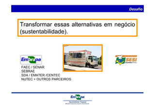 Transformar essas alternativas em negócio 
(sustentabilidade). 
FAEC / SENAR 
SEBRAE 
SDA / EMATER /CENTEC 
NUTEC + OUTROS PARCEIROS 
Desafio 
 
