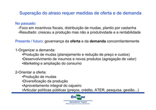 Superação do atraso requer medidas de oferta e de demanda 
No passado: 
-Foco em incentivos fiscais, distribuição de mudas, plantio por castanha 
-Resultado: cresceu a produção mas não a produtividade e a rentabilidade 
Presente / futuro: governança da oferta e da demanda concomitantemente 
1-Organizar a demanda: 
•Produção de mudas (planejamento e redução de preço e custos) 
•Desenvolvimento de insumos e novos produtos (agregação de valor) 
•Marketing e ampliação do consumo 
2-Orientar a oferta: 
•Produção de mudas 
•Diversificação da produção 
•Aproveitamento integral do cajueiro 
•Articular políticas públicas (preços, crédito, ATER, pesquisa, gestão...) 
 