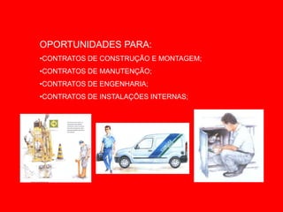 OPORTUNIDADES PARA:
•CONTRATOS DE CONSTRUÇÃO E MONTAGEM;
•CONTRATOS DE MANUTENÇÃO;
•CONTRATOS DE ENGENHARIA;
•CONTRATOS DE INSTALAÇÕES INTERNAS;
 