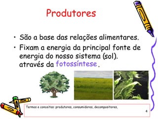 Produtores São a base das relações alimentares. Fixam a energia da principal fonte de energia do nosso sistema (  ). através da  . Termos e conceitos: produtores, consumidores, decompositores, fotossíntese sol 