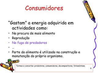 “Gastam” a energia adquirida em actividades como: Na procura de mais alimento Reprodução Na fuga de predadores … Parte do alimento é utilizado na construção e manutenção do próprio organismo. Consumidores Termos e conceitos: produtores, consumidores, decompositores, fotossíntese, 