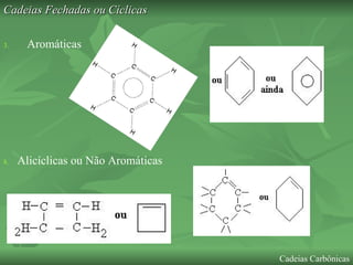 Cadeias Fechadas ou Cíclicas Aromáticas  8.  Alicíclicas ou Não Aromáticas Apresenta no mínimo três extremidades e seus átomos não estão dispostos numa única seqüência  Cadeias Carbônicas 