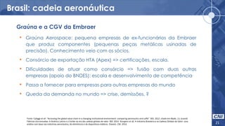Brasil: cadeia aeronáutica
21
• Graúna Aerospace: pequena empresas de ex-funcionários da Embraer
que produz componentes (pequenas peças metálicas usinadas de
precisão). Conhecimento veio com os sócios.
• Consórcio de exportação HTA (Apex) => certificações, escala.
• Dificuldades de atuar como consórcio => fusão com duas outras
empresas (apoio do BNDES): escala e desenvolvimento de competência
• Passa a fornecer para empresas para outras empresas do mundo
• Queda da demanda no mundo => crise, demissões, ?
Graúna e a CGV da Embraer
Fonte: Cafaggi et all. “Accessing the global value chain in a changing institutional environment: comparing aeronautics and coffe”. BID. 2012. citado em Blyde, J.S. (coord)
Fábricas sincronizadas: A América Latina e o Caribe na era das cadeias globais de valor. BID. 2014. Sturgeon et all. A Indústria Brasileira e as Cadeias Globais de Valor: uma
análise com base nas indústrias aeronáutica, de eletrônicos e de dispositivos médicos. Elsevier. CNI. 2014.
 