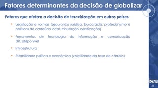 24
Fatores que afetam a decisão de terceirização em outros países
• Legislação e normas (segurança jurídica, burocracia, protecionismo e
políticas de conteúdo local, tributação, certificação)
• Ferramentas de tecnologia da informação e comunicação
(TIC)disponível
• Infraestrutura
• Estabilidade política e econômica (volatilidade da taxa de câmbio)
Fatores determinantes da decisão de globalizar
 