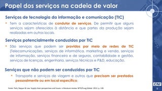 Papel dos serviços na cadeia de valor
9Fonte: Park, Nayyar & Low. Supply chain perspectives and Issues: a literature review. WTO/Fung Global. 2013. p. 130.
Serviços de tecnologia da informação e comunicação (TIC)
• Tem a características de condutor de serviços. De permitir que alguns
serviços sejam oferecidos à distância e que partes da produção sejam
realizadas em outros locais.
Serviços potencialmente conduzidos por TIC
• São serviços que podem ser providos por meio de redes de TIC
(Telecomunicações, serviços de informática, marketing e venda, serviços
de informação, serviços financeiro e de seguros, contabilidade e gestão,
serviços de licenças, engenharia, serviços técnicos e P&D, educação.
Serviços que não podem ser conduzidos por TIC
• Transporte e serviços de viagem e outros que precisam ser prestados
pessoalmente ou em local específico:
 