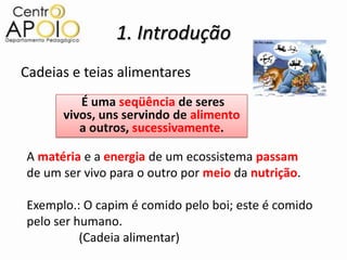 1. Introdução
Cadeias e teias alimentares
         É uma seqüência de seres
      vivos, uns servindo de alimento
         a outros, sucessivamente.

A matéria e a energia de um ecossistema passam
de um ser vivo para o outro por meio da nutrição.

Exemplo.: O capim é comido pelo boi; este é comido
pelo ser humano.
          (Cadeia alimentar)
 