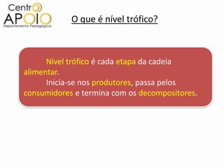 O que é nível trófico?



      Nível trófico é cada etapa da cadeia
alimentar.
      Inicia-se nos produtores, passa pelos
consumidores e termina com os decompositores.
 