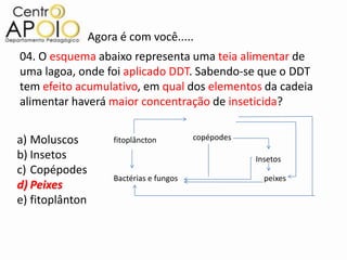 Agora é com você.....
04. O esquema abaixo representa uma teia alimentar de
uma lagoa, onde foi aplicado DDT. Sabendo-se que o DDT
tem efeito acumulativo, em qual dos elementos da cadeia
alimentar haverá maior concentração de inseticida?


a) Moluscos           fitoplâncton         copépodes

b) Insetos                                             Insetos
c) Copépodes
                      Bactérias e fungos                 peixes
d) Peixes
e) fitoplânton
 