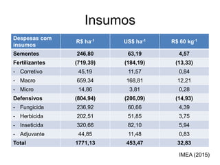 Insumos
Despesas com
insumos
R$ ha-1 US$ ha-1 R$ 60 kg-1
Sementes 246,80 63,19 4,57
Fertilizantes (719,39) (184,19) (13,33)
- Corretivo 45,19 11,57 0,84
- Macro 659,34 168,81 12,21
- Micro 14,86 3,81 0,28
Defensivos (804,94) (206,09) (14,93)
- Fungicida 236,92 60,66 4,39
- Herbicida 202,51 51,85 3,75
- Inseticida 320,66 82,10 5,94
- Adjuvante 44,85 11,48 0,83
Total 1771,13 453,47 32,83
IMEA (2015)
 