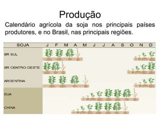 Produção
Calendário agrícola da soja nos principais países
produtores, e no Brasil, nas principais regiões.
 
