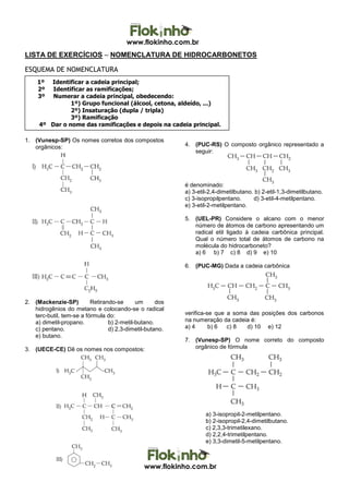 www.flokinho.com.br
www.flokinho.com.br
LISTA DE EXERCÍCIOS – NOMENCLATURA DE HIDROCARBONETOS
ESQUEMA DE NOMENCLATURA
1. (Vunesp-SP) Os nomes corretos dos compostos
orgânicos:
2. (Mackenzie-SP) Retirando-se um dos
hidrogênios do metano e colocando-se o radical
terc-butil, tem-se a fórmula do:
a) dimetil-propano. b) 2-metil-butano.
c) pentano. d) 2,3-dimetil-butano.
e) butano.
3. (UECE-CE) Dê os nomes nos compostos:
4. (PUC-RS) O composto orgânico representado a
seguir:
é denominado:
a) 3-etil-2,4-dimetilbutano. b) 2-etil-1,3-dimetilbutano.
c) 3-isopropilpentano. d) 3-etil-4-metilpentano.
e) 3-etil-2-metilpentano.
5. (UEL-PR) Considere o alcano com o menor
número de átomos de carbono apresentando um
radical etil ligado à cadeia carbônica principal.
Qual o número total de átomos de carbono na
molécula do hidrocarboneto?
a) 6 b) 7 c) 8 d) 9 e) 10
6. (PUC-MG) Dada a cadeia carbônica
verifica-se que a soma das posições dos carbonos
na numeração da cadeia é:
a) 4 b) 6 c) 8 d) 10 e) 12
7. (Vunesp-SP) O nome correto do composto
orgânico de fórmula
a) 3-isopropil-2-metilpentano.
b) 2-isopropil-2,4-dimetilbutano.
c) 2,3,3-trimetilexano.
d) 2,2,4-trimetilpentano.
e) 3,3-dimetil-5-metilpentano.
1º Identificar a cadeia principal;
2º Identificar as ramificações;
3º Numerar a cadeia principal, obedecendo:
1º) Grupo funcional (álcool, cetona, aldeído, ...)
2º) Insaturação (dupla / tripla)
3º) Ramificação
4º Dar o nome das ramificações e depois na cadeia principal.
 