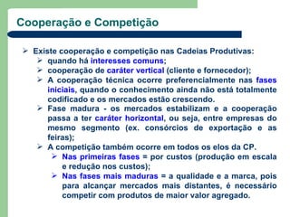 Cooperação e Competição

 Existe cooperação e competição nas Cadeias Produtivas:
    quando há interesses comuns;
    cooperação de caráter vertical (cliente e fornecedor);
    A cooperação técnica ocorre preferencialmente nas fases
      iniciais, quando o conhecimento ainda não está totalmente
      codificado e os mercados estão crescendo.
    Fase madura - os mercados estabilizam e a cooperação
      passa a ter caráter horizontal, ou seja, entre empresas do
      mesmo segmento (ex. consórcios de exportação e as
      feiras);
    A competição também ocorre em todos os elos da CP.
        Nas primeiras fases = por custos (produção em escala
          e redução nos custos);
        Nas fases mais maduras = a qualidade e a marca, pois
          para alcançar mercados mais distantes, é necessário
          competir com produtos de maior valor agregado.
 