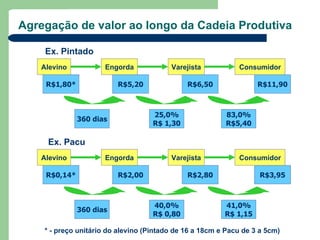 Agregação de valor ao longo da Cadeia Produtiva

    Ex. Pintado
   Alevino           Engorda             Varejista           Consumidor

    R$1,80*              R$5,20               R$6,50               R$11,90



                                    25,0%                83,0%
              360 dias
                                    R$ 1,30              R$5,40

     Ex. Pacu
   Alevino           Engorda             Varejista           Consumidor

    R$0,14*              R$2,00               R$2,80                R$3,95



                                    40,0%                41,0%
              360 dias
                                    R$ 0,80              R$ 1,15

    * - preço unitário do alevino (Pintado de 16 a 18cm e Pacu de 3 a 5cm)
 
