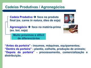 Cadeias Produtivas / Agronegócios

   Cadeia Produtiva  foco no produto
   final (ex. carne in natura, óleo de soja)

   Agronegócio  foco na matéria-prima
   (ex. boi, soja)
      Muito próximos e difícil
         de diferenciá-los

“Antes da porteira” - insumos, máquinas, equipamentos;
“Dentro da porteira” - plantio, colheita, produção de animais;
“Depois da porteira” - processamento, comercialização e
distribuição.
 