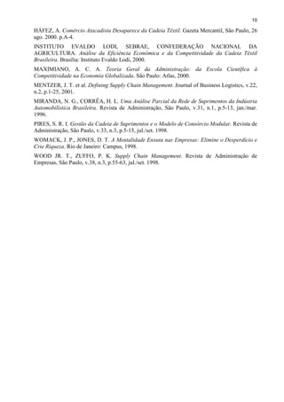10
HÁFEZ, A. Comércio Atacadista Desaparece da Cadeia Têxtil. Gazeta Mercantil, São Paulo, 26
ago. 2000. p.A-4.
INSTITUTO EVALDO LODI, SEBRAE, CONFEDERAÇÃO NACIONAL DA
AGRICULTURA. Análise da Eficiência Econômica e da Competitividade da Cadeia Têxtil
Brasileira. Brasília: Instituto Evaldo Lodi, 2000.
MAXIMIANO, A. C. A. Teoria Geral da Administração: da Escola Científica à
Competitividade na Economia Globalizada. São Paulo: Atlas, 2000.
MENTZER, J. T. et al. Defining Supply Chain Management. Journal of Business Logistics, v.22,
n.2, p.1-25, 2001.
MIRANDA, N. G., CORRÊA, H. L. Uma Análise Parcial da Rede de Suprimentos da Indústria
Automobilística Brasileira. Revista de Administração, São Paulo, v.31, n.1, p.5-13, jan./mar.
1996.
PIRES, S. R. I. Gestão da Cadeia de Suprimentos e o Modelo de Consórcio Modular. Revista de
Administração, São Paulo, v.33, n.3, p.5-15, jul./set. 1998.
WOMACK, J. P., JONES, D. T. A Mentalidade Enxuta nas Empresas: Elimine o Desperdício e
Crie Riqueza. Rio de Janeiro: Campus, 1998.
WOOD JR. T., ZUFFO, P. K. Supply Chain Management. Revista de Administração de
Empresas, São Paulo, v.38, n.3, p.55-63, jul./set. 1998.
 