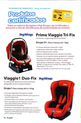 SEG U R AN Ç A NO TR A N SPO R TE - Proteja seu molor bem
«BR t4400:l»»9
Todas as cad eiras B u rig o tto e P eg-P éreg o são c e rtificad a s e
possuem o selo de id e n tific a ç ã o da c o n fo rm id a d e do In m e tro .
nV
Primo Víaggío Tri-Fix
Conforto e segurança para seu bebê.
Grupo 0+ (Para crianças até 13kg)
• A solução ideal para transportar o bebê.
• Cadeira para automóvel e bebê conforto.
• Cinto de segurança de 5 pontos.
• Redutor acolchoado para recém-nascidos (removível).
• Proteção contra impactos laterais ajustável em 5 posições.
• Vem com base regulável para deixar fixa no automóvel
facilitando na hora de instalar e retirar a cadeira.
• Além de fixar-se facilmente na base, a Primo Viaggio
também encaixa-se nos carrinhos Aria, Skate, Si, Pliko P3,
Pliko Switch, GT3 e Uno.
• Pode ser instalado no automóvel com ou sem base.
Víaggíol Duo-Fix
A cadeira de automóvel com proteção
integrada contra impacto lateral.
Grupo I (Para crianças de 9 a 18kg)
• A solução ideal para transportar o bebê.
• Proteção contra impactos laterais, para garantir a
máxima segurança.
• Assento am plo com redutor acolchoado.
• Cinto de segurança de 5 pontos com ajuste na
altura dos om bros para perm itir o fácil
posicionam ento da criança.
• Protetores acolchoados e ajustáveis nos ombros.
• Reclinável em 4 posições possibilitando um passeio
seguro e confortável mesmo em viagens longas e
com a criança dorm indo.
10
 