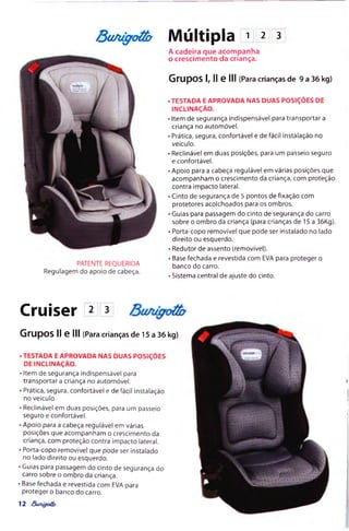 BuAjlgo^ M últipla 1 2 3
A cadeira que acompanha
o crescimento da criança.
Grupos I, II e III (Para crianças de 9 a 36 kg)
PATENTE REQUERIDA
Regulagem do apoio de cabeça.
. TESTADA E APROVADA NAS DUAS POSIÇÕES DE
INCLINAÇÃO.
• Item de segurança indispensável para transportar a
criança no automóvel.
• Prática, segura, confortável e de fácil instalação no
veículo.
• Reclinável em duas posições, para um passeio seguro
e confortável.
• Apoio para a cabeça regulável em várias posições que
acompanham o crescimento da criança, com proteção
contra im pacto lateral.
• Cinto de segurança de 5 pontos de fixação com
protetores acolchoados para os ombros.
• Guias para passagem do cinto de segurança do carro
sobre o om bro da criança (para crianças de 15 a 36Kg).
• Porta-copo removível que pode ser instalado no lado
direito ou esquerdo.
• Redutor de assento (removível).
• Base fechada e revestida com EVA para proteger o
banco do carro.
• Sistema central de ajuste do cinto.
Cruiser 2 3
Grupos II e III (Para crianças de 15 a 36 kg)
• TESTADA E APROVADA NAS DUAS POSIÇÕES
DE INCLINAÇÃO.
• Item de segurança indispensável para
transportara criança no automóvel.
• Prática, segura, confortável e de fácil instalação
no veículo.
• Reclinável em duas posições, para um passeio
seguro e confortável.
• Apoio para a cabeça regulável em várias
posições que acompanham o crescimento da
criança, com proteção contra impacto lateral.
• Porta-copo removível que pode ser instalado
no lado direito ou esquerdo.
• Guias para passagem do cinto de segurança do
carro sobre o om bro da criança.
• Base fechada e revestida com EVA para
proteger o banco do carro.
1 2 B u n iffo & r
 