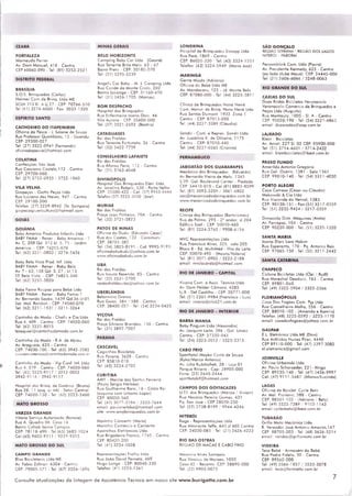 CEARÁ
FORTALEZA
M a rn e u d o F errer
Av. D om M a n u e l, 4 1 8 - C en tro
CEP 6 0 0 6 0 .0 9 0 - Tel: (85) 3 2 5 3 -2 5 2 1
DISTRITO FEDERAL
BRASÍLIA
S.O.S. Brinquedos (Corlos)
H elm er C o m .d e Brinq. Ltdo ME
SCLN 31 3 BI. A Lj 27 - CEP: 7 0 7 6 6 -5 1 0
Tel:(61) 3 2 7 4 -6 0 6 0 - Fox: 3 0 3 3 -1 3 2 0
ESPÍRITO SANTO
CACHOEIRO DO ITAPEMIRIM
O fic in a da Pesca • J. S olene de Souza
Rua Professor Q u in tilia n o , 12 - G u an du
CEP: 2 9 3 0 0 -0 2 7
Tel: (27) 3 5 2 2 -0 9 4 1 (Fernando)
oficin ad ap esca @ ho tm ail.co m
COLATINA
C onfecções São José
Rua C assiano C a ste lo ,! 12 - C en tro
CEP: 2 9 7 0 0 -0 6 0
Tel: (27) 3 7 2 2 - 0 9 3 5 /3 7 2 2 -1 0 6 0
VILA VELHA
G iopeças - G io tto Peças Ltdo
Rua Luciano dos N eves, 9 4 7 - C en tro
CEP: 2 9 1 0 0 -2 0 0
Telefax: (27) 3 2 2 9 -8 9 4 2 (Sr. S am paio)
gio pe ca s p u e ricu ltu ra @ h o tm a il.co m
GOIÁS
G O IÂ N IA
Baby A m erica Produtos In fa n tis Ltdo
BABY FA M A - Rener - Baby A m érico - 1
Av, C , 2 0 8 Q d . 51 2 Lt. 5, 71 - Jordim
A m érica - CEP: 7 4 2 5 5 -0 7 0
Tel: (62) 3251 -0 8 0 3 / 3 2 7 4 -3 4 3 6
Baby Bela Vista Prod Inf. Ltdo
BABY FAM A - R ener • Baby Bela
Av. T - 6 3 , 1 3 8 Q d .S . 2 7 - L M 3
ST. Bela Vista - CEP: 7 4 8 2 3 -3 4 0
Tel: (62) 3 2 5 5 -3 0 2 0
Boby Fam a R oupos pa ro Bebé Ltdo
BABY FAAAA - R ener - Boby Fam o-1
Av. B e rn ard o Sayâo, 14 39 Q d .3 6 Lt.Ol
Set. M a l. R ondon - CEP: 7 4 5 6 0 -0 7 0
Tel: (62) 3 2 1 1 -1 5 3 1 /3 2 1 1 - 3 2 6 4
C a n tin h o do M o d o - C ho fic e C ia Ltdo
Ruo 4 , 4 0 9 - C en tro - CEP: 7 4 0 2 0 -0 6 0
Tel: (62) 3 2 2 5 -8 0 1 5
le ze q u ie l@ co n tin h o d a m o d a .co m .b r
C a n tin h o do M od a - R.A. de A b re u
Av. A ra g u o ia , 6 2 5 - C en tro
CEP: 7 4 0 3 0 -1 0 0 - Tel: (62) 3 9 4 2 -3 5 8 2
asslstenclatecnlca<õ)cantinhodomoda.com.br
C a n tin h o d o M od o - V ip C on f. Inf. Ltda
Ruo 4 , 2 7 9 - C en tro - CEP; 7 4 0 2 0 -0 6 0
Tel: (62) 3 2 2 3 - 9 1 1 7 /3 2 1 2 -0 0 5 2
3 9 4 2 -9 1 1 6 / 3 9 4 2 -9 1 1 7
H osp ital dos B rinq. de G o iô n io (Bruno)
Ruo 2 8 , 11 (esq. c / 4A) - S etor C en tral
CEP: 7 4 0 2 0 -1 3 0 - Tel: (62) 3 2 2 3 -3 4 6 0
MATO G RO SSO
VARZEA GRANDE
V itó ria Serviço A u to riza d o (Ronnie)
Rua A , Q u a d ra 0 6 , Cosa 16
B o irro C oh a b Jaim e C am pos
CEP; 7 8 1 1 8 -4 9 0 -T e l;(6 5 ) 3 6 8 5 -1 0 2 4
C el:(65) 9 6 0 3 -9 5 1 1 / 9 2 2 9 -9 3 1 5
MATO G RO SSO DO SUL
CAMPO GRANDE
Bliss B icícletario Ltdo ME
Av. F abio Z oh ro n 6 3 0 4 - C en tro
CEP: 7 9 0 0 5 -5 7 1 - Tel: (67) 3 3 2 4 -1 6 9 6
M INAS GERAIS
BELO HO RIZO N TE
C a m p in g Baby C a r Ltda (Geonè)
Rua T enente B rito M e lo , 63 / 67
B a rro Preto - CEP; 3 0 1 8 0 -0 7 0
Tel: (31) 3 2 9 5 -2 2 3 9
A ngel's C o r Boby - M . J. C om pin g Ltda
Rua C on de d e M o n te C risto , 202
B a irro Ip ira n g a • CEP: 3 1 1 6 0 -4 1 0
Tel: (31) 3 4 2 6 -1 7 0 5 (M orcos)
BOM DESPACHO
H osp ital dos Brinquedos
Rua E nferm eira Joana D arc, 46
V ilo A u ro ra - CEP: 3 5 6 0 0 -0 0 0
Tel: (37) 3 5 2 1 -2 6 9 2 (Beotriz)
CATAGUASES
Rei das Fraldas
Rua Tenente F ortu na to, 2 6 - C en tro
Tel: (32) 3 4 2 2 -7 7 5 9
CO NSELHEIRO LAFAIETE
Rei das Fraldos
Ruo A fon so Pena, 112 - C en tro
Tel: (31) 3 7 6 3 -4 0 4 8
DIVIN Ó PO LIS
H osp ital D os Brinquedos Eletr. Ltda.
Av. Jove lino Rabelo, 5 3 0 • Porto Velho
CEP: 3 5 5 0 0 -4 2 2 - C el; (37) 9 9 4 3 -4 4 4 4
Telefax:(37) 3 2 2 2 -3 0 5 0 (Joel)
MURIAÉ
Rei das Fraldas
Praça Joào P inheiro, 70 A - C en tro
Tel: (32) 3 7 2 1 -5 8 2 3
PATOS DE MINAS
O fic in a d o D ud u (E duardo César)
Rua dos C aetés, 132 - C ora m u ru
CEP: 3 8 7 0 1 -3 8 0
Tel: (34) 3 8 2 5 -8 1 9 1 - C el: 9 9 9 5 -9 1 9 1
o fic in a d o d u d u d u @ yo h o o .co m .b r
w w w .ofictnadodudu.com .br
UBÁ
Rei das Fraldas
Ruo Isaura Resende, 8 5 • C en tro
Tel: (32) 3 5 3 1 -2 7 0 0
re id a sfrald asu ba@ yah oo -co m .br
UBERLÂNDIA
B e larm in o G ram a
Rua G o iá s, 5 8 4 / 5 8 8 - C en tro
CEP: 3 8 4 0 0 -0 2 7 - Tel: (34) 3 2 3 4 -0 4 2 5
VIÇOSA
Rei dos Fraldas
Praça S ilviano B ron dõ o, 136 - C en tro
Tel: (31) 3 8 9 2 -7 0 0 7
PARANÁ
CA5CAVÉL
C eg on ha s Bicicletas
Rua Paraná, 3 6 2 8 - C en tro
CEP: 8 5 8 1 0 -0 1 0
Tel: (45) 3 2 2 4 -2 7 0 3
CURITIBA
AM Y - M areia dos Santos F erreiro
(Paulo S ergio N eitzke)
Ruo G u ilh e rm e B orn, 16 - C risto Rei
(esquina com U rb a n o Lopes)
CEP: 8 0 0 5 0 -5 6 0
Tel: (41) 3 0 7 7 -3 1 9 4 /3 3 3 3 - 7 6 4 4
e m a il: pa u lo n e itzke @ h o tm a il.co m
site: w w w .am ybrinq ue do s.com .b r
M o rin h o C on serto (M orio)
M a rin h o C om ercio e C on serto
A p arelh os Eletrônicos Ltda.
Rua B rigo de iro Franco, 1 7 4 5 - C en tro
CEP: 8 0 4 2 0 -2 0 0
Tel: (41) 3 2 2 4 -5 0 2 8
R epresentações F ialho Ltda
Rua João O ovid Perneto, 46 9
H ug o Longe - CEP; 8 0 0 4 0 -3 3 0
Telefax: (41) 3 2 5 3 -1 3 6 1
LO NDRINA
H ospítol de B rinq ue do s Snoopy Ltda
Ruo Porá, 1 8 69 - C en tro
CEP: 8 6 0 2 0 -3 3 0 - Tel; (43) 3 3 2 4 -1 2 5 1
Telefax: (43) 3 3 2 4 -5 9 4 9 (M a ria José)
M ARINGÁ
G e nte M iú da (A driano)
O fic in a d o Bebé Ltdo ME
Av. M a n d a ca ru , 122 • Jd. M o n te Belo
CEP: 8 7 0 8 0 -0 0 0 - Tel: (44) 3 2 2 5 -3 8 1 1
C línica de B rinq ue do s N on a N enè
Com . M anut. de Brinq. N ana N enè Ltdo
Ruo Santos D u m o n t, 1933 Z on a 1
C e n tro -C E P : 8 7 0 1 3 -0 5 0
Tel: (44) 3 2 2 7 -3 3 8 9 (C láudio)
S andri - C om . e Repres. S andri Ltda
Av, Juscelino K. de O live ira , 1175
C en tro - CEP: 8 7 0 1 0 -4 4 0
Tel; (44) 3 2 2 7 -0 3 6 5 (C ristina)
PERNAMBUCO
JABOATÃO DOS GUARARAPES
M ecâ nico dos Brinquedos (Eduardo)
Av B ernardo V ie ira de M elo, 1345
lj 0 9 , G ol. Boulevord C en ter - Piedade
CEP: 5 4 4 1 0 -0 1 0 - C el:(81 ) 8 8 8 5 -8 5 9 9
Tel: (81) 3 0 9 3 - 3 2 0 9 /3 0 6 1 -6 8 0 2
sac@ m ecan icod osb rinq ue do s.co m .br
w w w .m e can ico do sbrinq ue do s.com .b r
RECIFE
C línico dos B rinq ue do s (B ortolom eu)
Ruo da Palm a, 2 9 5 - 2® o n d o r, sl 20 4
Edifício Soei - CEP: 5 0 0 1 0 -4 6 0
Tel: (81) 3 2 2 4 - 2 7 6 5 /9 9 0 8 -6 1 5 4
M VC R epresentações Ltdo
Rua Francisco A lves, 3 2 5 , solo 20 5
Bloco 6 - Ed. M u ltiM é d - Ilha d o Leite
CEP: 5 0 0 7 0 -4 9 0 - (M o uro/V ole rio )
Tel: (81) 3 0 7 1 - 0 9 0 3 /3 2 2 3 -2 1 8 8
e m o il: m vclo cerd o@ h otm a il.co m
RIO DE JA N EIRO - CAPITAL
V ica no C om . e Assis. Técnica Ltda
Av. D om H e ld e r C âm ara , 4 2 8 5
Lj.B - Del C astilh o - CEP: 2 0 7 7 1 -0 0 0
Tel: (21) 2 2 0 1 -9 9 8 4 (Francisco / Luis)
e m o il: vicono@ click21 .co m .br
RIO DE JA N EIRO - INTERIOR
BARRA MANSA
Boby P ingüim Ltda (Alexandre)
Av. Joa qu im Leite, 3 9 6 - G o l. U niã o
C en tro - CEP: 2 7 3 3 0 -0 4 3
Tel: (24) 3 3 2 3 -2 0 1 2 /3 3 2 3 - 3 3 1 5
CABO FRIO
S p o rtto ta l-M a yko C osta de Souza
(K yko/M a rco A n to nio)
Av. Júlio K ubitschek, 2 8 ■ Loja 01
Parque R iviero - C ep; 2 8 9 0 5 -0 0 0
Fone: (22) 2 6 4 5 -2 4 4 4
spo rtto to lcf@ h o tm a il.co m
CAMPOS DO S GOITACAZES
U.T.I. dos B rinq ue do s (M á rcio / V ivian i)
Ruo N a zó rio Pereiro G om es, 431
Pq, Soo José - CEP 2 8 0 7 0 -2 5 0
Tel: (22) 2 7 3 8 - 8 1 9 9 /9 9 4 4 -4 2 4 4
NITERÓI
Kage - R epresentações Ltdo
Rua A lm ira n te Teffé, 6 4 5 sl 6 0 2 C en tro
CEP: 2 4 0 3 0 -0 8 5 - Tel: (21) 2 6 2 6 -4 2 2 2
RIO DAS OSTRAS
REGIÀO DE M ACAE E C ABO FRIO
M a u rício Alves S am paio
Ruo V inícius de M oroe s, 1050
C oso 02 - R ecanto CEP: 2 8 8 9 0 -0 0 0
Tel: (22) 9 9 0 3 -0 0 7 5
SÃ O G O N Ç A L O
REGIÀO SERRANA - REGIÃO DOS LAGOS
NITERÓI - ITABORAÍ
P ersom brink C om . Ltdo (Pierre)
Av. Presidente Kennedy, 6 2 3 - C en tro
(ao lo d o club e M auã) CEP: 2 4 4 4 5 -0 0 0
Tel: ( 2 1 )2 6 0 6 - 6 0 6 6 /3 2 4 8 - 0 0 6 3
R IO G R A N D E D O SUL
C A X IA S D O SUL
D uas Rodas Bicicletas V eronaciclo
V eronociclo C om ércio de Brinquedos e
Peças Ltdo (Augusto)
Rua M o n ta u ry, 10 05 - Sl. A - C en tro
CEP: 9 5 0 2 0 -1 9 0 - Tel: (54) 3 2 2 1 -6 8 6 3
e m o il: du asro do s@ po p.com .br
LA JE A D O
K lein - Bicicletas
Av. A cvat, 2 2 7 Sl. 02 CEP; 9 5 9 0 0 -0 0 0
Tel: (51) 3 7 1 4 -4 6 0 1 / 3 7 1 4 -2 4 3 2
e m a il: kle in bicicle las@ ib est.com ,br
PASSO F U N D O
A m a rild o A n to n io G reg órío
Ruo G ol. O só rio , 1381 - Sala 1361
CEP: 9 9 0 1 0 -1 4 0 - Tel: (54) 3 3 1 1 -4 0 3 0
PO RTO ALEGRE
C asa C atraca (C ésar o u C láu dio)
M ako w ski & C ia Ltda
Rua Visconde d o H erval, 1383
CEP: 9 0 1 3 0 -1 5 1 - Fax:(51) 3 2 1 7 -0 3 5 9
Tel: (51) 3 2 3 2 -9 4 2 4 / 3 2 1 7 -0 3 5 9
D im a ciclo Distr. M á q u in a s (Anito)
Av. F arrapos, 10 4 • C en tro
CEP: 9 0 2 2 0 -0 0 0 - Tel: (51) 3 2 2 5 -1 3 2 0
S A N T A M A R IA
Joa no D arc Lara H okim
Rua Esperanto, 17 0 - Pq. A n to n io Reis
CEP: 9 7 0 6 5 -1 5 0 - Tel: (55) 3 2 1 1 -2 4 4 2
S A N T A C A T A R IN A
CHAPECÓ
C iclo ne Bicicletas Ltda (Ciei / Rudi)
Rua M orech al D eo do ro , 16 3 - C en tro
CEP: 8 9 8 0 1 -0 6 0
Tel: (49) 3 3 2 2 -5 9 0 4 / 3 3 2 2 -3 3 6 6
F LO R IA N Ó P O LIS
Casa Dos Fogões C om . Pçs Ltdo
Rua C o n selh eiro M o fro , 5 5 6 - C en tro
CEP: 8 8 0 1 0 -1 0 2 - (A m an do e Kam ila)
Telefox: (48) 3 2 2 5 -0 5 9 2 /3 2 2 5 - 1 1 7 0
e m a il: casa do sfo go es@ ya ho o.com .br
G ASPAR
E.L. E letrônica Ltda ME (Davi)
Ruo A n filó k io N un es Pires, 4 4 4 0
CEP 8 9 1 1 0 -0 0 0 - Tel: (47) 3 3 9 7 .3 0 8 2
e l.e le tro n ica @ g m a il.co m
J O IN V IL L E
O fic in a U rb ain ski Ltda
Av. Paulo Schoroeder, 2 2 1 - Itin go
CEP: 8 9 2 3 5 -1 4 0 - Tel: (47) 3 4 3 6 -9 9 9 7
C el; (47) 9111 -5 4 8 7 (A fonso/Lucindo)
LAGES
O fic in a de Biciclet. C ycle Beto
Av. M al. F lorion o, 3 8 8 - C en tro
CEP: 8 8 5 0 1 -1 0 2 - (A drion a / Beto)
Tel: (49) 3 2 2 2 - 7 2 8 9 /9 1 0 3 -1 1 4 3
e m a il; cyclesbeto@ ibest.com .br
T U B A R Ã O
G rillo M o to M ecânico Ltda
R. V e re od or José A n to n io A m o rim ,1 4 7
CEP: 8 8 7 0 5 -0 0 3 - Tel: (48) 3 6 2 6 -5 2 1 4
e m a il: v e n d o s@ g rillo m o to .co m .b r
V ID E IR A
Teca Bebé - A rm azé m d o Bebê
Rua Padre Pidélis, 3 0 - C en tro
CEP: 8 9 5 6 0 -0 0 0
Tel: (49) 3 5 6 6 - 1 8 5 7 /3 5 3 3 -3 0 7 8
e m o il: te ca @ fo rm a tto .co m .b r
Consulte atuolizações do listagem de Assistência Técnica em nosso site www.burigotto.com.br
 