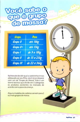 < ^ a j i í E 0 3 &
Grupo
GrupoU
Grupo m
até lOkg
até 13kg
de9a18kg
delSalSkg
d e l l a S G ! ^
Na hora de decidir qual a cadeirinha é mais
adequada ao seu filho, você irá se deparar
com um tal "Grupo de Massa". Este é um
term o técnico que divide em 5 categorias
os produtos existentes no mercado de
acordo com o peso da criança.
Alguns modelos de cadeiras servem para 2
ou mais grupos de massa.
Peg*Péreso 07
 