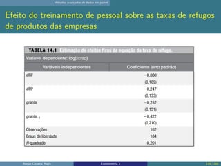 Métodos avançados de dados em painel
Efeito do treinamento de pessoal sobre as taxas de refugos
de produtos das empresas
Renan Oliveira Regis Econometria 2 135 / 150
 