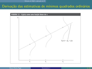 Métodos de MQO e aplicação em R
Derivação das estimativas de mínimos quadrados ordinários
Renan Oliveira Regis Econometria 2 8 / 150
 