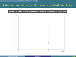Métodos de MQO e aplicação em R
Derivação das estimativas de mínimos quadrados ordinários
Renan Oliveira Regis Econometria 2 9 / 150
 
