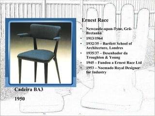 Ernest Race Newcastle-upon-Tyne, Grã-Bretanha 1913/1964 1932/35 – Bartlett School of Architecture, Londres 1935/37 – Desenhador da Troughton & Young 1945 – Fundou a Ernest Race Ltd 1953 – Noemado Royal Designer for Industry Cadeira BA3 1950 