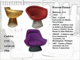 Warren Platner Baltimore, USA *1919 1941 – Cornell University em Ithaca, Nova Iorque 1945/50 – Colabora com os ateliers de Raymond Lowwy, I.M.Pei e Kevin Roche & John Dinkeloo 1960/65 – Colabora com Eero Saarinen & Associates, em Birmingham, Michigan 1965 – Funda a Platner Associates em New Haven, Connecticut Cadeira 1725 variáveis 1966 