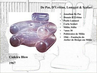 De Pas, D’Urbino, Lomazzi & Scolari Jonathan De Pas Donato D’Urbino Paolo Lomazzi Carla Scolari Milão, Itália *anos 30 Politécnico de Milão 1966 – Fundação do Atelier de Design em Milão Cadeira Blow 1967 