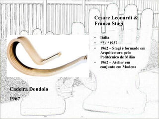 Cesare Leonardi & Franca Stagi Itália *? / *1937 1962 – Stagi é formado em Arquitectura pelo Politécnico de Milão 1962 – Atelier em conjunto em Modena Cadeira Dondolo 1967 