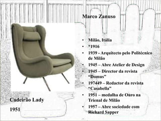 • Milão, Itália
• *1916
• 1939 - Arquitecto pelo Politécnico
de Milão
• 1945 – Abre Atelier de Design
• 1945 – Director da revista
“Domus”
• 197449 – Redactor da revista
“Casabella”
• 1951 – medalha de Ouro na
Trienal de Milão
• 1957 – Abre sociedade com
Richard Sapper
Cadeirão Lady
1951
Marco Zanuso
 